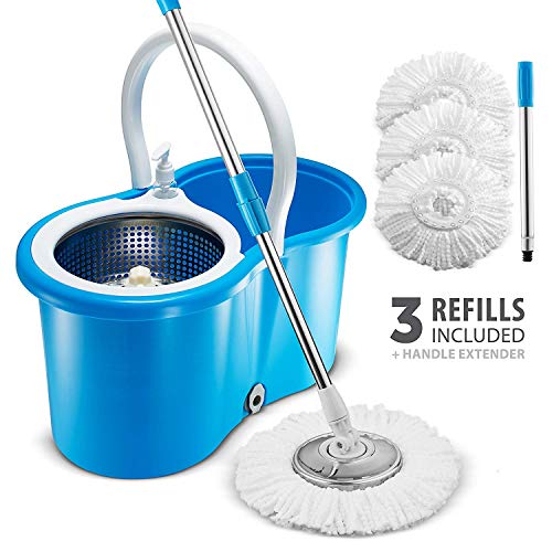 Product Cover Premium All In One Stainless Steel 360 Spin Mop & Bucket System ~ Self-Wringing Mop With 3 Microfiber Mop Heads ~ Extended Length Adjustable Mop Pole with Stainless Steel Mop Plate