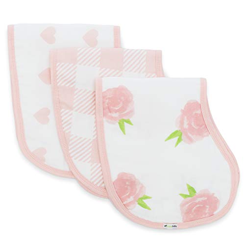 Product Cover Muslin Burp Cloths, Burpy Bib Set (3 Pack) Pink Peony, Heart and Buffalo Plaid