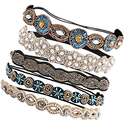 Product Cover Ondder 5 Pieces Rhinestone Beads Elastic Headband Handmade Crystal Beads Hairbands Hair Accessories For Women