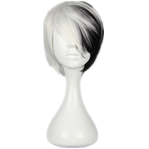 Product Cover COSPLAZA Cosplay Wig Black White Short BOB Curly Wave Cosplay Costume Wigs for Girls