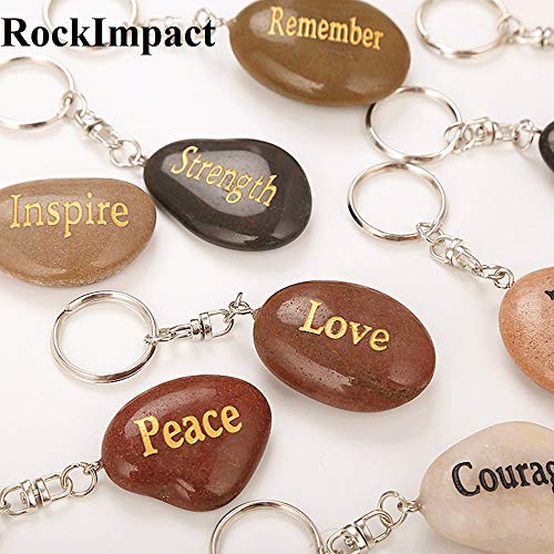 Product Cover RockImpact Set of 12, Engraved Inspirational Stones Natural River Rock Keychain Rings, Wholesale Faith Stones, Novelty Healing Stone Key Chain Bulk Lot, Assorted Sayings (12 Different Words)
