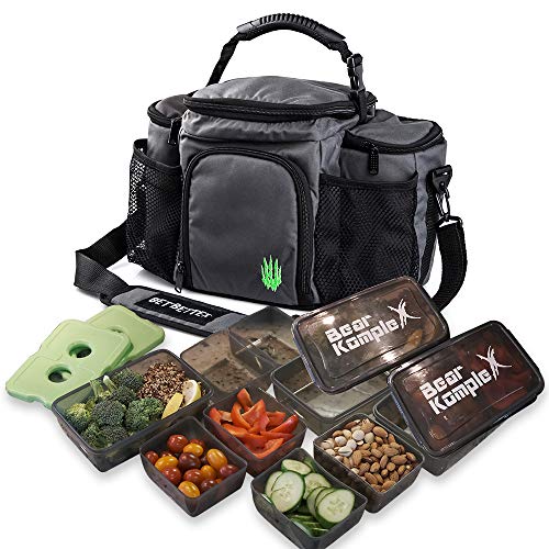 Product Cover Bear KompleX Insulated Meal Prep Management Lunch Bag, 6 Compartment Lunch Box Cooler Tote with 3 Microwave Dishwasher Safe Portion Control Containers, Reusable Ice Pack, Free Recipe E-Book Included