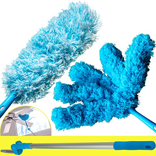 Product Cover Extendable Microfiber Duster With 5ft Lightweight Extension Pole And Pivot Arm. Includes 2 Types of Washable Dusting Heads. Cobweb and Blind Cleaner Attachments Clean Ceiling Fans and Tight Spaces.