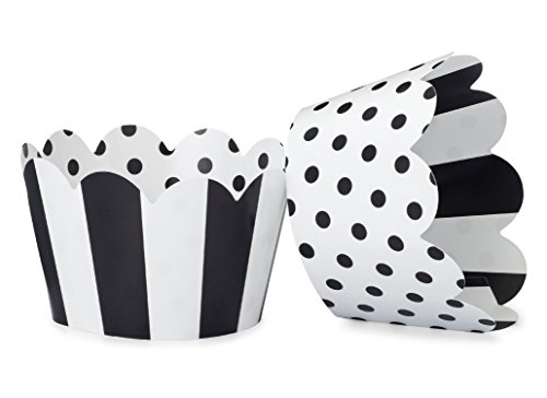 Product Cover Black and White Cupcake Wrappers for Weddings, Graduations, Kids and Adult Birthday Parties, Baby Showers. Set of 24 Reversible Cup Cake Holder Wraps with Polka Dots and Stripes. Black, White