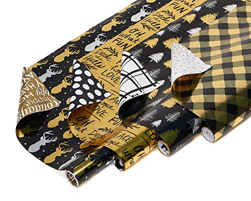 Product Cover American Greetings Reversible Christmas Foil Wrapping Paper, Black and Gold, Plaid, Trees and Reindeer (4 Pack, 30