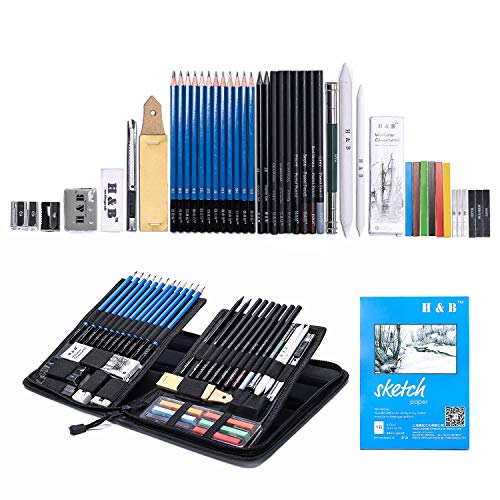 Product Cover H & B Sketching Pencils Set, 48-Piece Drawing Pencils and Sketch Kit, Complete Artist Kit Includes Sketch Pad, Graphite Pencils, Pastel Stick and Eraser, Professional Sketch Pencils Set for Drawing
