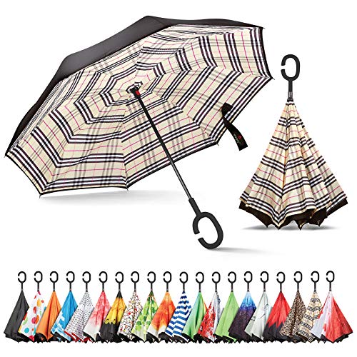 Product Cover Sharpty Inverted Umbrella, Umbrella Windproof, Reverse Umbrella, Umbrellas for Women with UV Protection, Upside Down Umbrella with C-Shaped Handle (Beige Plaid)