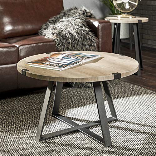 Product Cover WE Furniture Rustic Farmhouse Round Metal Coffee Accent Table Living Room, 30 Inch, Grey, Black