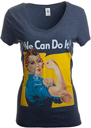 Product Cover Rosie The Riveter, We Can Do It | Feminist Rosey Rosy V-Neck T-Shirt for Women-(Vneck,L) Vintage Navy