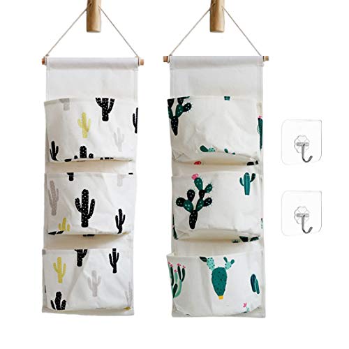 Product Cover Ricye Cactus Wall Door Closet Hanging Storage Bag Cotton Fabric 3 Pockets Over the Door Organizer Pouch, 2 Pack (Cactus)
