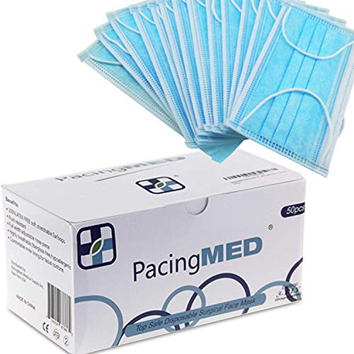 Product Cover PacingMed Disposable Medical Mask - Face Mask for Dust, Flu, Mouth, Surgical Dental, Cleaning, Construction, Travel, Allergy Mask - Hypoallergenic, Antiviral Anti Pollen, FDA (50pcs, Blue)