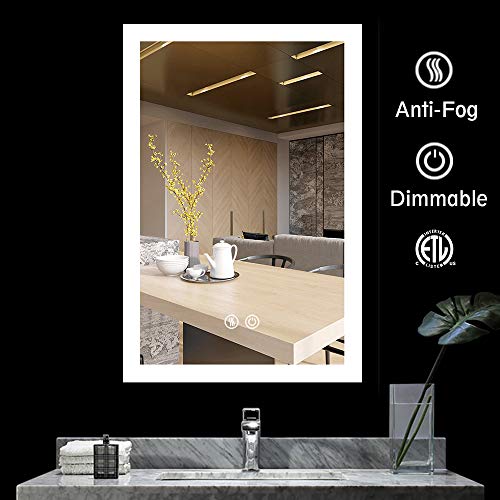 Product Cover BATH KNOT Led Bathroom Mirror Lighted Backlit Wall Mounted Mirror with Defogger Button and Dimmable Round Touch Button, Very Light White Color Vanity Mirror, 24 x 36 Inch