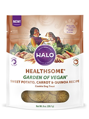 Product Cover Halo Vegan Grain Free Natural Crunchy Dog Treats, Garden Of Vegan Sweet Potato, Carrot, Quinoa Recipe, 8-Ounce Bag