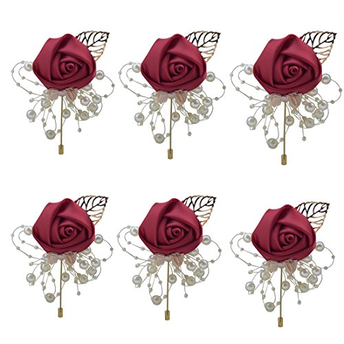 Product Cover ZJCilected 6Pieces/lot Handmade Men's Lapel Satin Flower Pearl Decor Boutonniere Pin for Suit Wedding Groom Groomsmen Brooch Rose Boutonniere(Wine Red)