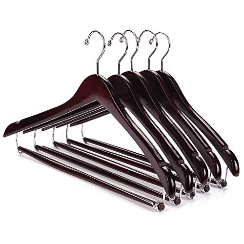 Product Cover Nature Smile Contoured Wooden Hangers Sturdy Wood Suit Coat Hangers with Locking Bar Chrome Hook Pack of 5 (Walnut)