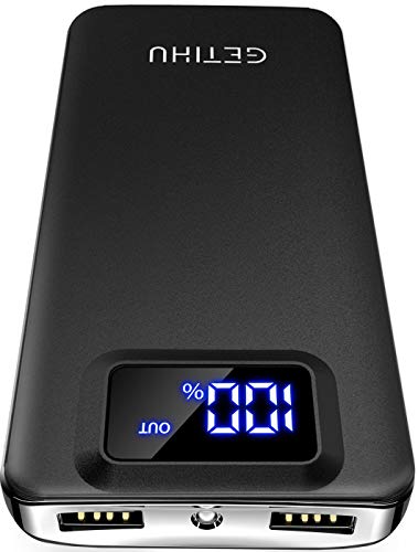 Product Cover GETIHU Portable Charger, LED Display 10000mAh Power Bank, 4.8A 2 USB Ports High-Speed Battery Backup with Flashlight, Compatible with iPhone Xs X 8 7 6S Plus Samsung Galaxy Note 9 S9 iPad Tablet Etc