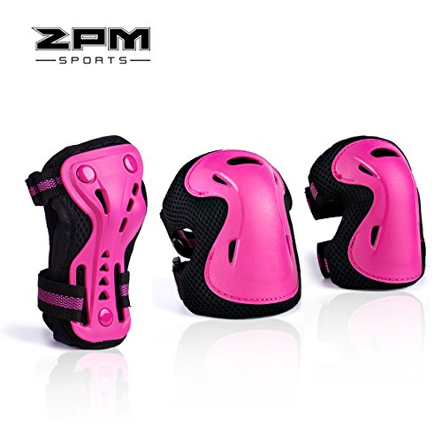 Product Cover 2PM SPORTS Girl's Pink Protective Gear Set - Knee Pads Elbow Pads and Wrist Guards for Kids Roller Blades Skateboarding, Inline Roller Skating, Cycling, Balance Bikes, and Scooters