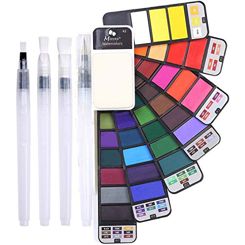 Product Cover MEEDEN Watercolor Paint Set, 42 Assorted Colors Foldable Paint Set with 4 Brushes, Travel Pocket Watercolor Kit for Students Adults Beginning Artist Watercolor Painters Field Sketch Outdoor Painting