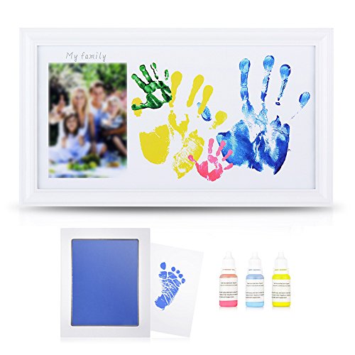 Product Cover DIY Family Photo + Family Hand/Footprints Kit with 10 X 17'' Elegant White Wood Picture Frame, Ink Pad, Non-Toxic Watercolor Paints, Registry Keepsakes Mother's Day Gift