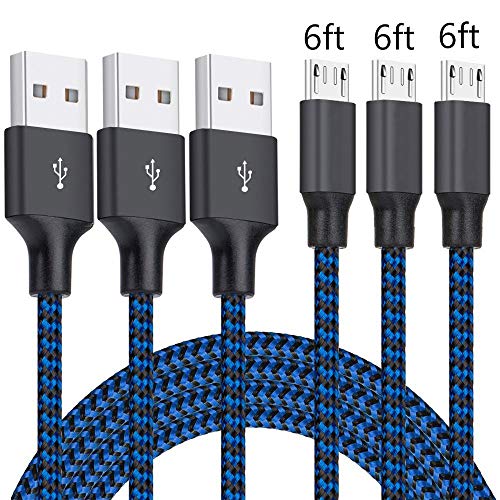 Product Cover Micro USB Cable, 3Pack 6FT Android Charger Cord Long Nylon Braided Sync and Fast Charging Cables Compatible Samsung Galaxy S6 S7 Edge, Kindle, Android & Windows Smartphones, Xbox, PS4 and More-Blue