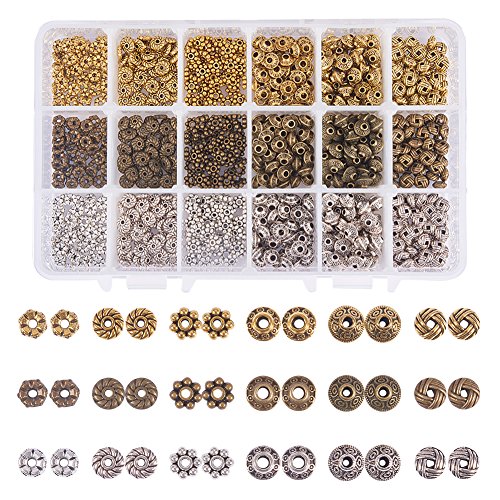 Product Cover PH PandaHall 900pcs 6 Style Tibetan Spacer Beads, Gear Bicone Flower Metal Jewelry Beads Spacers for Bracelet Necklace Making Supplies(Antique Silver, Antique Bronze and Golden)