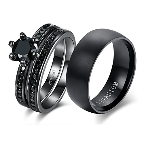 Product Cover loversring Couple Ring Bridal Sets His Hers Women 18k Black Gold Plated Cz Men Titanium Wedding Ring Band Set