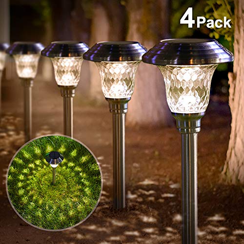 Product Cover Solar Lights Pathway Outdoor Garden Path Glass Stainless Steel Waterproof Auto On/Off Bright White Wireless Sun Powered Landscape Lighting for Yard Patio Walkway Landscape In-Ground Spike Path Light