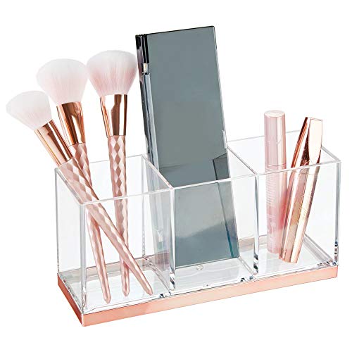 Product Cover mDesign Plastic Makeup Organizer Caddy Bin with 3 Sections for Bathroom Vanity Countertops or Cabinet: Stores Makeup Brushes, Eye and Lip Pencils, Lipstick, Lip Gloss, Concealers - Clear/Rose Gold