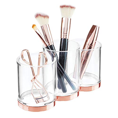 Product Cover mDesign Plastic Makeup Organizer Storage Cup with 3 Sections for Bathroom Vanity Countertops or Cabinet: Stores Makeup Brushes, Eye and Lip Pencils, Lipstick, Lip Gloss, Concealers - Clear/Rose Gold