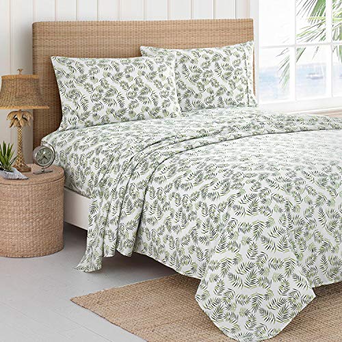 Product Cover Caribbean Joe Ultra-Soft Double Brushed 4-Piece Microfiber Sheet Set Beautiful Tropical Patterns, and Vibrant Solid Colors, Luxury, All-Season Bed Sheet Set - Palm Leaves, Queen