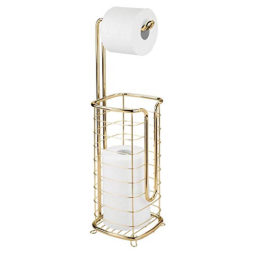 Product Cover mDesign Free Standing Toilet Paper Holder Stand and Dispenser, with Storage for 3 Spare Rolls of Toilet Tissue While Dispensing 1 Roll - for Bathrooms/Powder Rooms - Holds Mega Rolls - Soft Brass