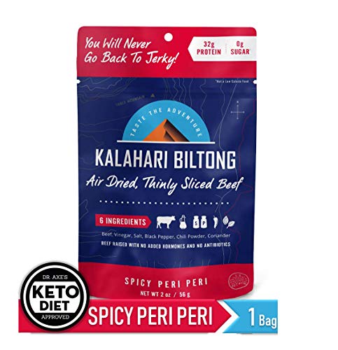 Product Cover Spicy Peri Peri Kalahari Biltong, Air-Dried Thinly Sliced Beef, 2oz (Pack of 1), Sugar Free, Gluten Free, Keto & Paleo, High Protein Snack