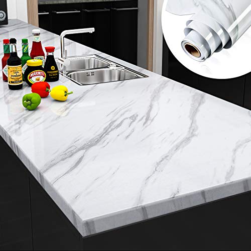 Product Cover Yenhome Large Size Jazz White Marble Counter Top Covers Peel and Stick Wallpaper for Kitchen Backsplash Shelf Liner for Kitchen Cabinets Bathroom Wall Decor Wallpaper Stick and Peel 24