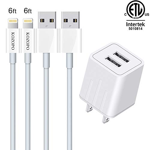 Product Cover KOZOPO Phone Charger Durable USB Cable 6FT (2-Pack) Fast Charging Data Sync Transfer Cord with 2 Port Plug Travel Wall Charger Compatible with Phone X/8/7/Plus/6S/6/SE/5S/5C