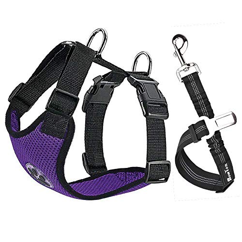Product Cover SlowTon Dog Harness for Car, Pet Seat Belt Harness with Car Vehicle Safety Seatbelt Adjustable Vest Dog Accessories for Small, Medium and Large Dogs Travel Walking .(Purple, Medium)