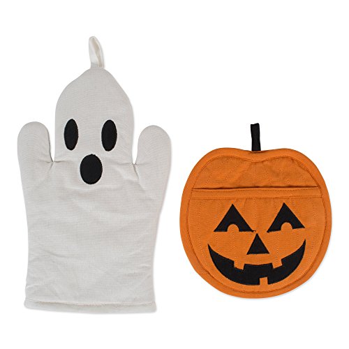 Product Cover DII CAMZ10638 Cotton Damask Kitchen Gift, Machine Washable and Heat Resistant for Cooking and Baking, 21L, Ghost & Jack-O-Lantern Set, 2 Pack