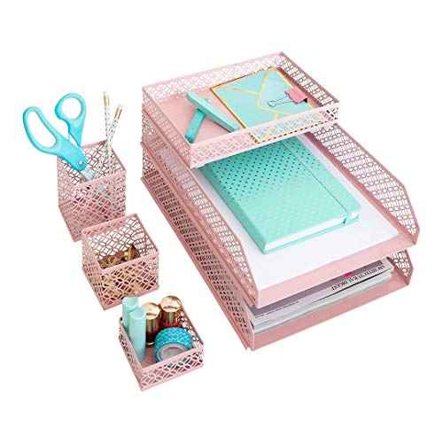 Product Cover Blu Monaco Office Supplies Pink Desk Accessories for Women-6 Piece Interlocking Desk Organizer Set- Pen Cup, 3 Assorted Accessory Trays, 2 Letter Trays-Pink Room Decor for Women and Teen Girls