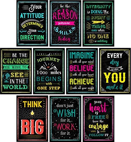 Product Cover Motivational Posters for Classroom & Office Decorations | Inspirational Quote Wall Art for Teachers, Students, School Counselors, Home & Office | Set of 10 Creative Chalkboard Designs