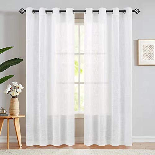 Product Cover Open Weave Sheer Curtains for Living Room Grommet Top Window Treatment Sets for Bedroom Linen Like Curtain Drapes 84 Inch Length 1 Pair White