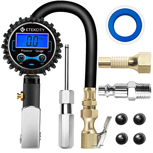 Product Cover Etekcity Tire Inflator with Pressure Gauge, 250 PSI Digital Deflator, Air Chuck and Compressor Accessories Heavy Duty with Rubber Hose, Accurate 0.1 Display Resolution, Leakproof, for Car Bike, Black