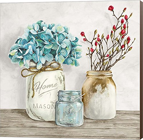 Product Cover Floral Composition with Mason Jars I by Jenny Thomlinson Canvas Art Wall Picture, Museum Wrapped with Nutmeg Sides, 12 x 12 inches