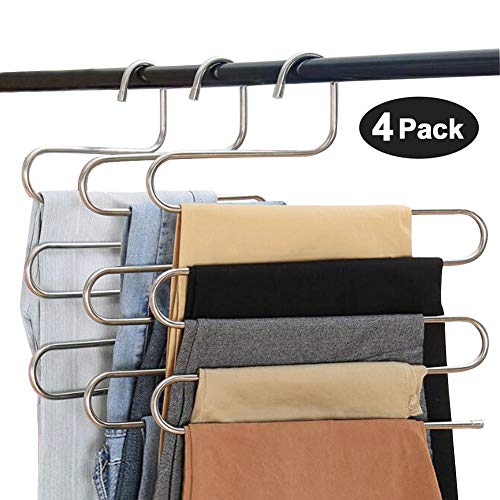 Product Cover Eityilla S Type Clothes Pants Hangers Stainless Steel Space Saving Hangers 5 Layers Closet Storage Organizer for Jeans Trousers Tie Belt Scarf (4-Pieces)