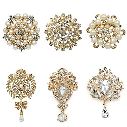 Product Cover WeimanJewelry Gold Plated Assorted Crystal Rhinestones Brooch Pins for DIY Wedding Bouquets Kit (Gold Large 6pcs)