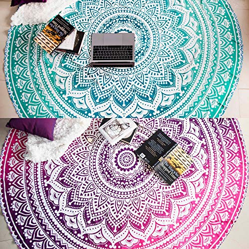 Product Cover Mandala Tapestry Round Beach Towels or Beach Blanket, Set of 2 Hippie Boho Mandala Tapestry, Indian Circle Tablecloth or Rug, Large Cotton Bohemian Yoga Mat for Meditation - 72 Inches, Green and Pink