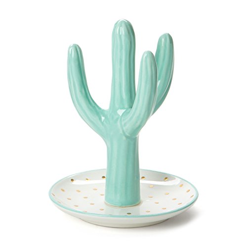 Product Cover Tri-Coastal Design Ceramic Cactus Jewelry Ring Holder Dish Holder with Cactus Shaped Display Stand for Engagement or Wedding Rings, Earrings and Bracelets - Trinket Tray and Jewelry Holders for Women