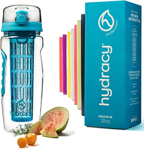 Product Cover Hydracy Fruit Infuser Water Bottle - 32 oz Sports Bottle - Time Marker, Full Length Infusion Rod & Insulating Sleeve + 27 Fruit Infused Water Recipes eBook Gift - Aqua Blue