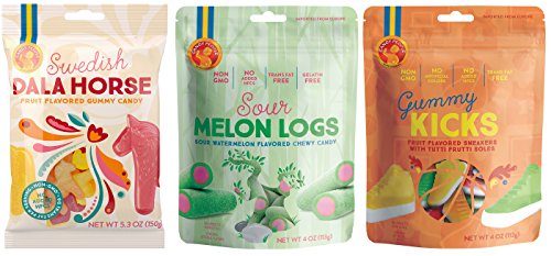 Product Cover Candy People Swedish Gummy Candy - Sour Melon Logs, Dala Horse, and Gummy Kicks - Fruit Flavored Gummy Candy Pack of 3