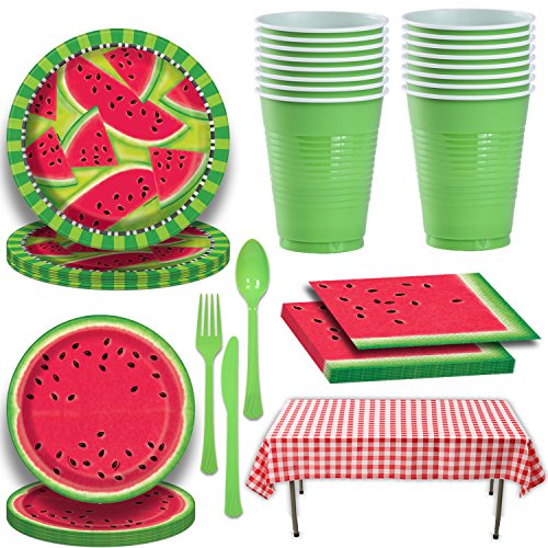 Product Cover Picnic Watermelon Tableware for 16. Large and Small Plates, Napkins, Red Gingham Tablecloth, Green Cutlery and Party Cups. Decorated Party Supplies for Outdoor, Summer, Fruit, Barbecue Theme and More