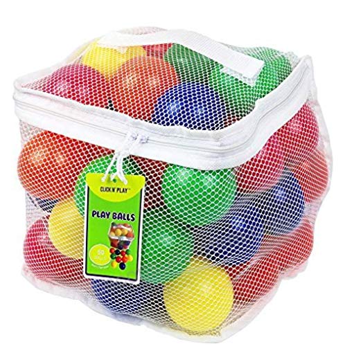 Product Cover Click N' Play Pack of 50 Phthalate Free BPA Free Crush Proof Plastic Ball, Pit Balls - 6 Bright Colors in Reusable and Durable Storage Mesh Bag with Zipper
