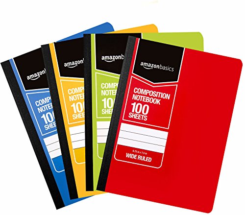 Product Cover AmazonBasics Wide Ruled Composition Notebook, 100-Sheet, Assorted Solid Colors, 4-Pack